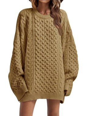 Women's Khaki Oversized Sweaters Chunky Cable Knit Tunic Long Winter Sweater